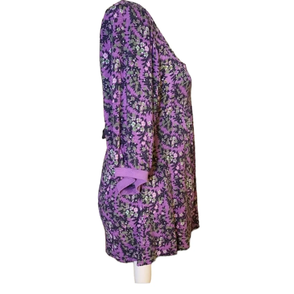 Free People Size Small Bohemian Purple Black Floral Scoopneck Babydoll Blouse